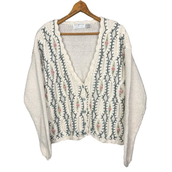 Vintage Sweaters - Vintage 90s Floral Embroidered Cardian, Cottagecore Aesthetic